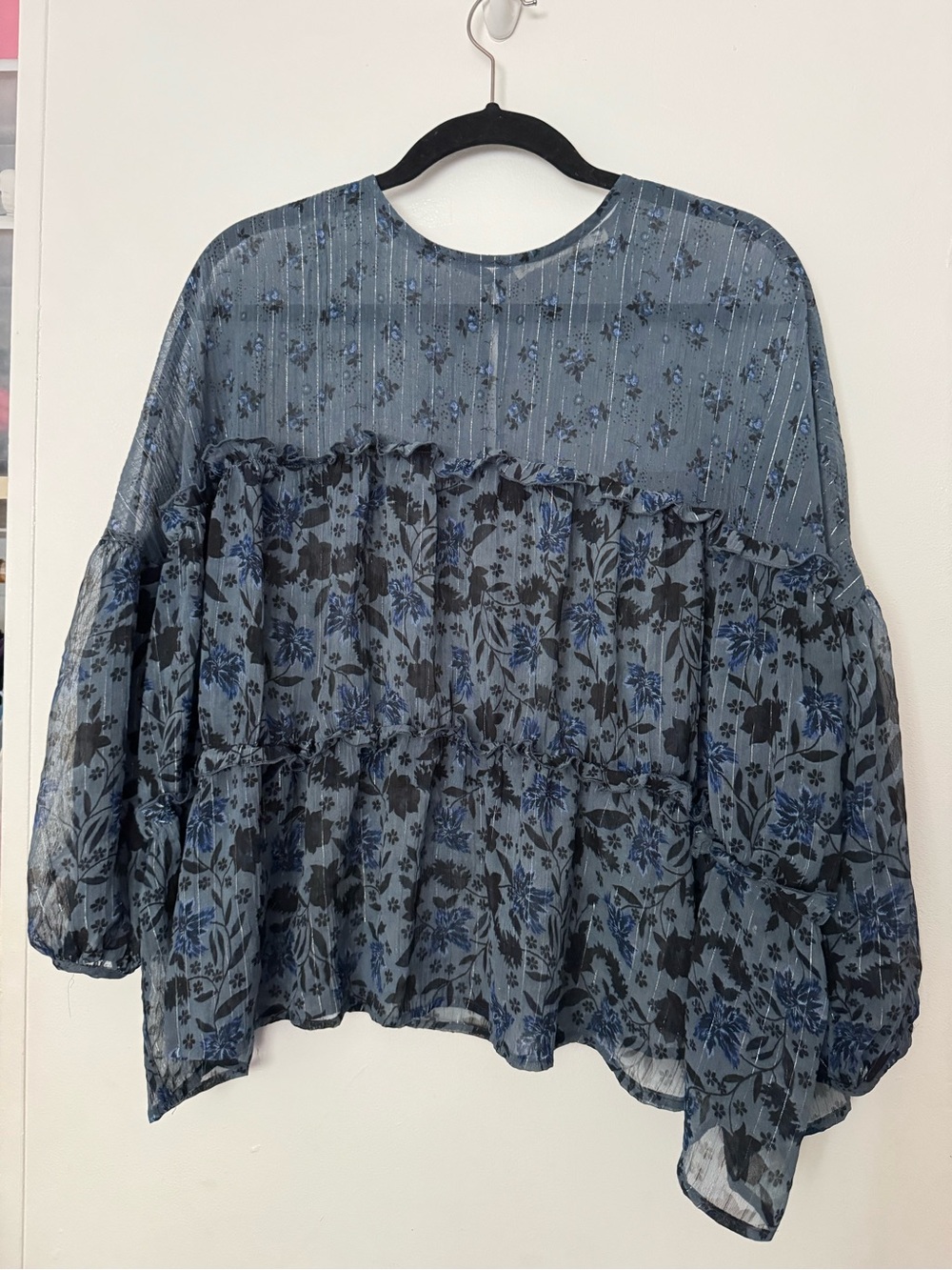 Zara Blue Floral Tiered Sheer Blouse